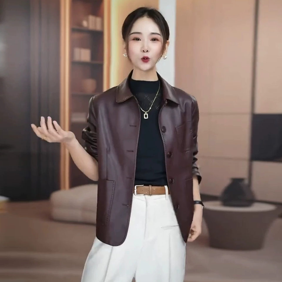 Áo khoác da PU nữ dáng ôm ngắn một hàng khuy cổ bẻ — màu cà phê, đen, Lông cừu đen, Màu cà phê với fleece