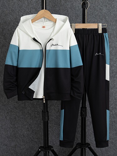 Boy's 2-piece set, casual patchwork hooded sweatshirt and pants, long-sleeved zip-up top, with pockets, polyester