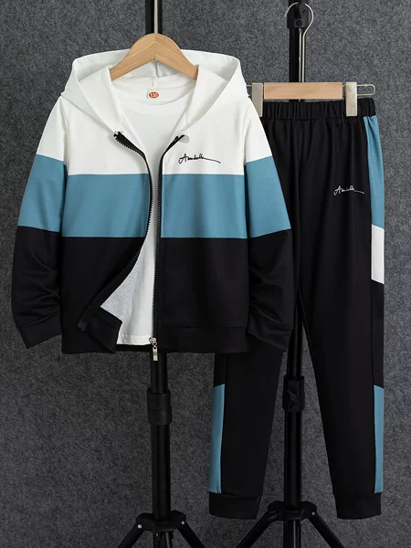 Cross-Border Boys' 2-Piece Set, Casual Color-Block Hoodie and Pants, Long-Sleeve Zip-Up Top with Pockets