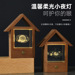太陽系3d玻璃水晶球小夜燈木質底座臥室微景觀節日生日專屬禮物