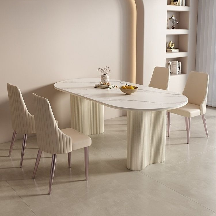 in stock Cream Style Light Luxury Rock Board Dining Table Nordic Internet Popular Small Apartment Oval Dining Table Household Dining Table and Chair Combination
