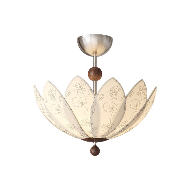 Araña de restaurante giratoria de balancín móvil de estilo medio 2025 nueva lámpara de dormitorio de loto creativa de tela impresa