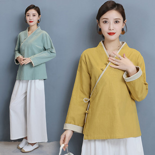 One-piece delivery 2022 new retro Chinese style artistic diagonal button Zen shirt Women's cotton and linen long-sleeved shirt