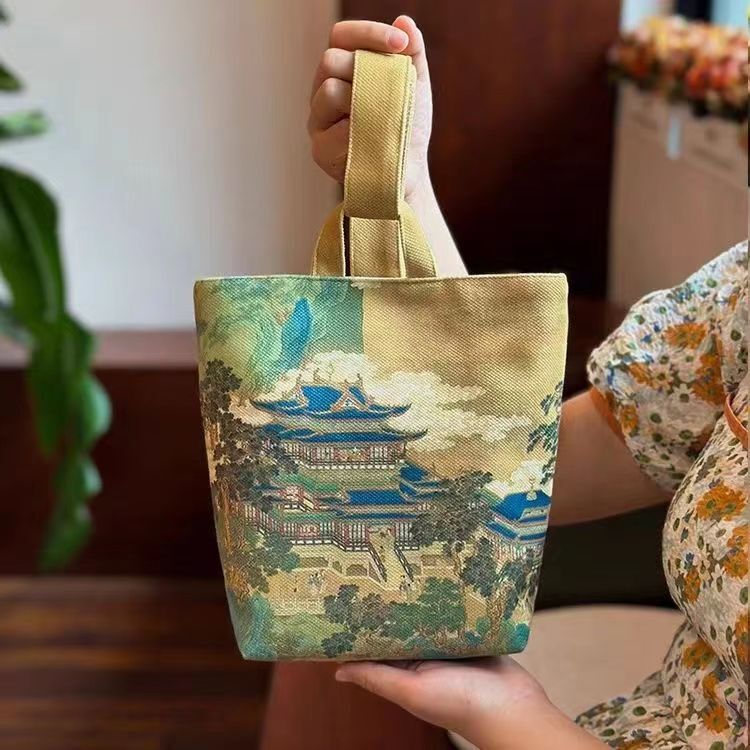 Chinese style Xianshan Pavilion picture Zhao Boju adjustable niche retro canvas bucket bag rectangular portable cloth bag Chinese style Xianshan Pavilion picture Zhao Boju adjustable niche retro canvas bucket bag rectangular portable cloth bag