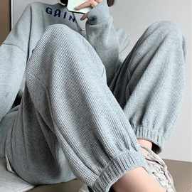 春夏华夫格宽松灯笼高腰女士束脚卫裤休闲大码长裤抽绳运动裤口袋