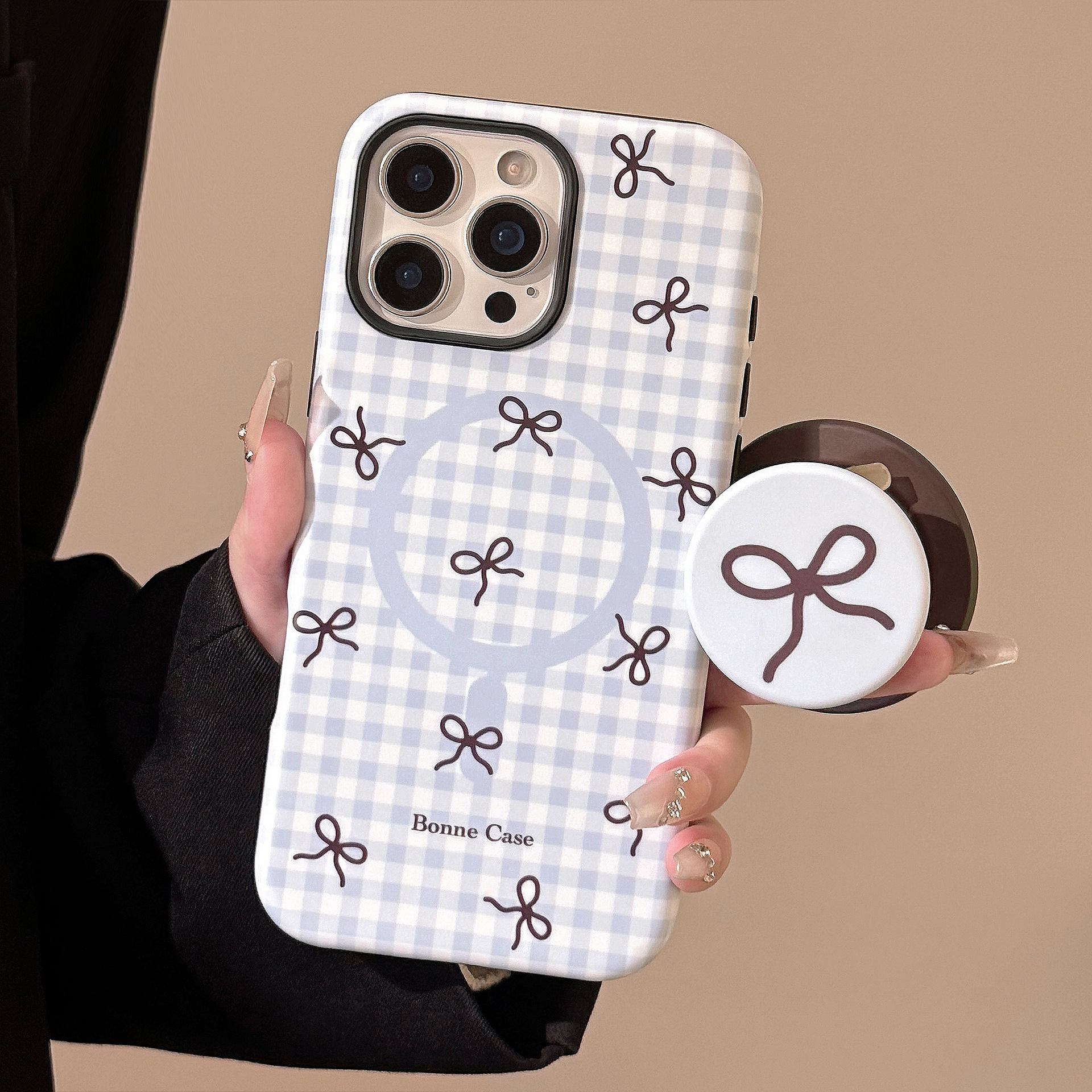 Magnetic Phone Case With Kickstand Plaid Bow Pattern For Iphone_voghion.com