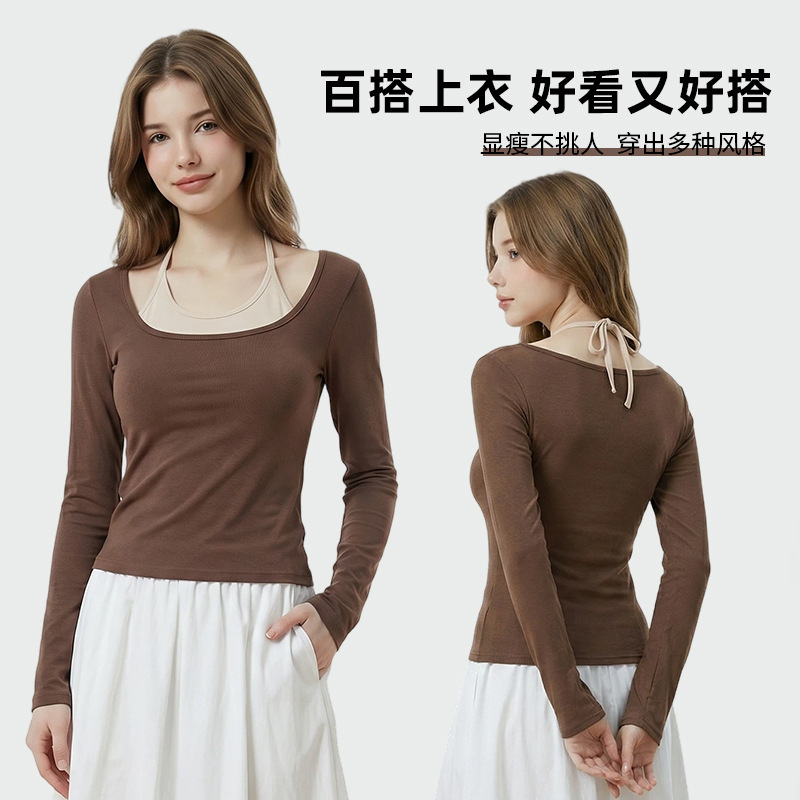 Stylish Halter Neck Two-Piece Color-Block Long-Sleeve T-Shirt for Women K154 New Pure Desire Slim-Fit Short Top Stylish Halter Neck Two-Piece Color-Block Long-Sleeve T-Shirt for Women K154 New Pure Desire Slim-Fit Short Top