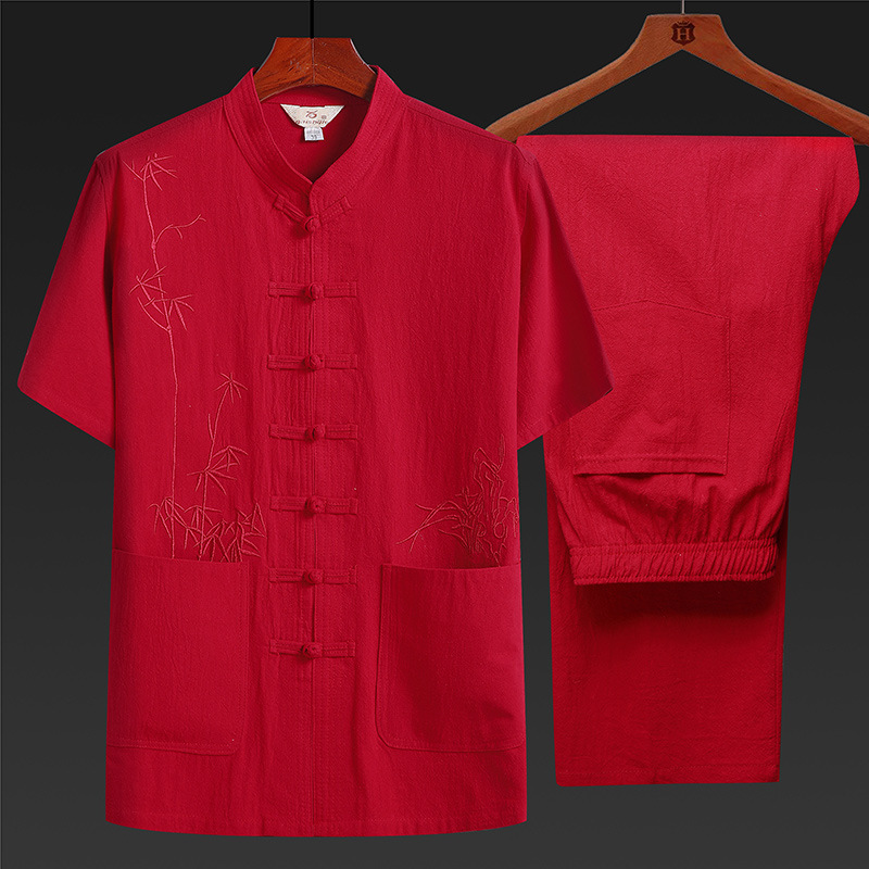 Bamboo Embroidery Cotton Button Summer Tang Suit Set for Middle-Aged and Elderly People; Modified Hanfu Short-Sleeved Two-Piece Set