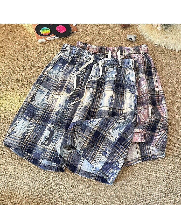 Men's And Women's Tie Dye Plaid High Waist Street Style Shorts Casual Retro Straight Five Point Beach Outerwear_viptrois.com