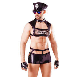 欧美情趣内衣男警察角色扮演套装黑色PU皮性感情趣制服诱惑酒吧