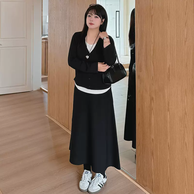 大码女装v领假两件上衣女半裙针织套装2025秋胖mm显瘦两件套22901