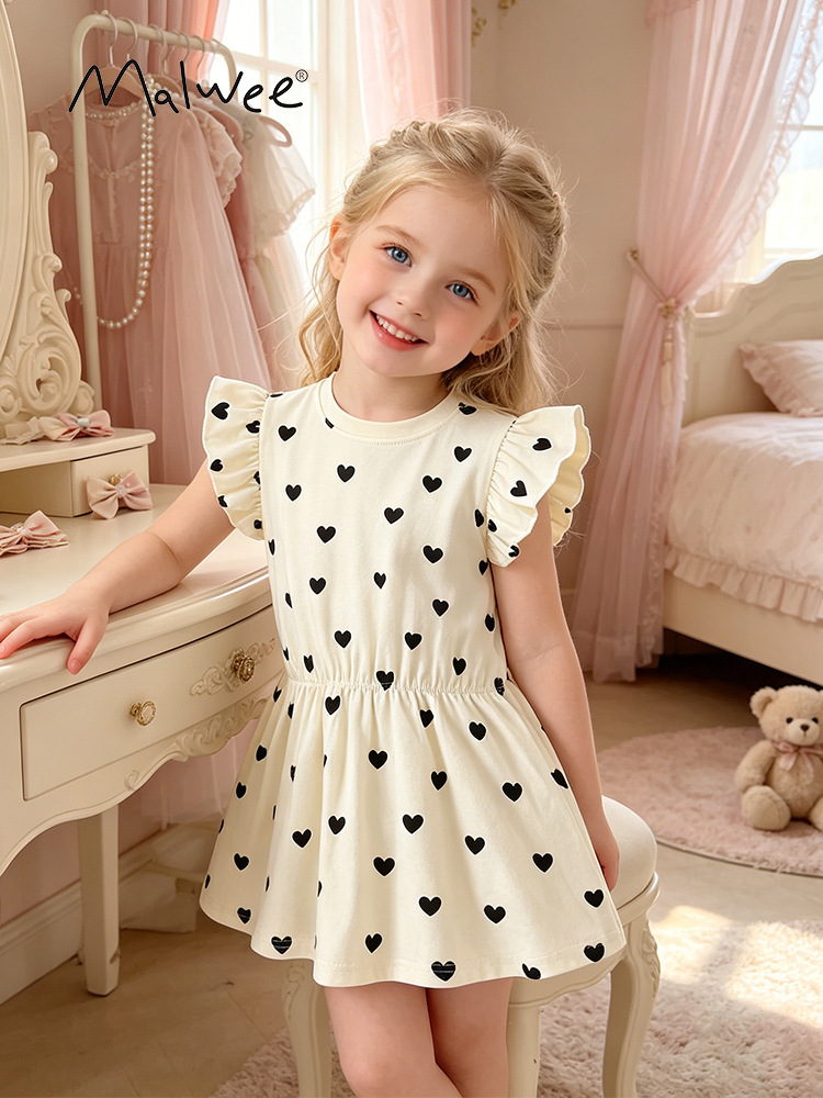 Malwee transfronterizo nuevo vestido de niña de mangas cortas A-falda fresco patrón europeo y americano para niños suaves y cómodos