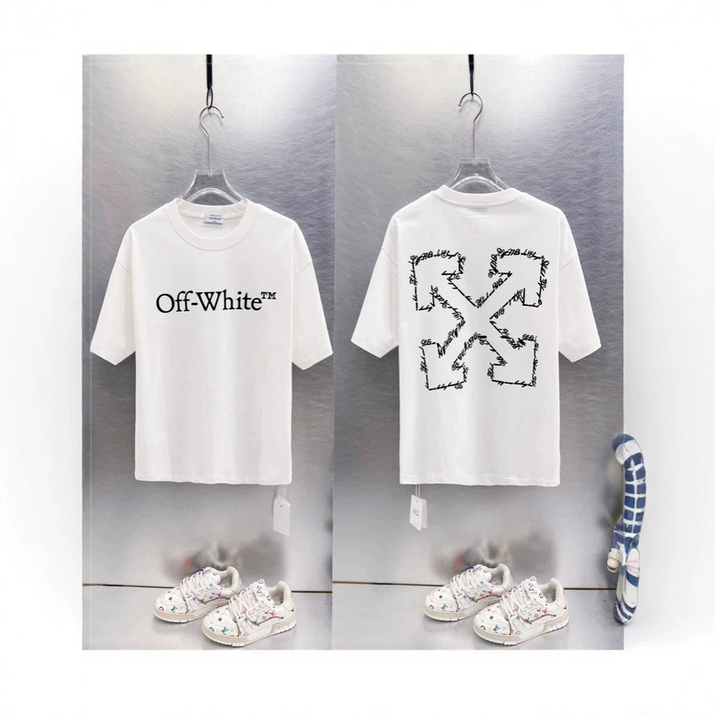 Cross-Border In-Stock High-Quality Trendy Brand Off-White Basic Versatile Style Handwritten Graffiti Arrow Print Short-Sleeve T-Shirt