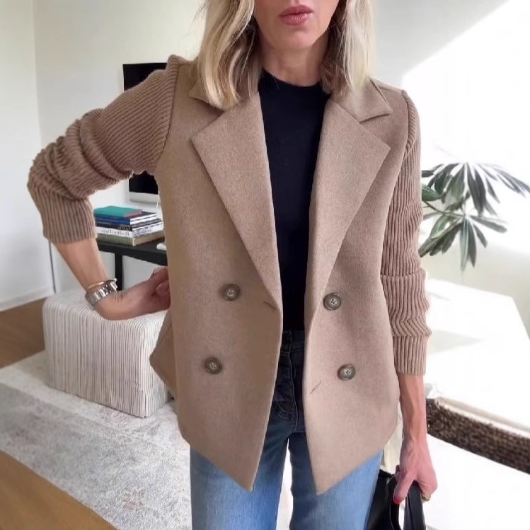 Amazon 2025 Spring New Cross-Border European and American Export Women's Fashion Elegant Woolen Splicing Jacket