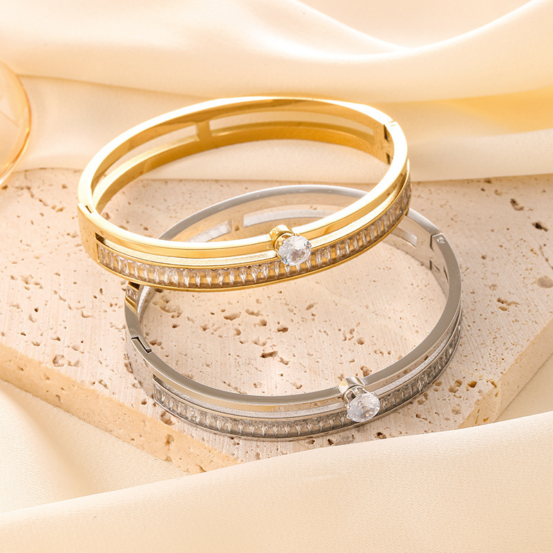 South Korea New Super Flash Double Rai Diamond Zircon Single Diamond Rose Gold Bracelet Trendy Personality Titanium Steel Bracelet Women's Jewelry