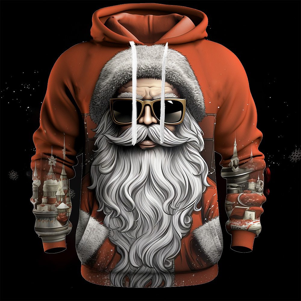 Sweat-shirt à capuche avec cordon de serrage et poche plaquée pour homme, vêtement ample pour le printemps et l'automne, impression 3D amusante du Père Noël_voghion.com