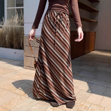 美式彩条系带条纹半身裙春秋季高腰小众复古休闲松紧腰半身长裙子