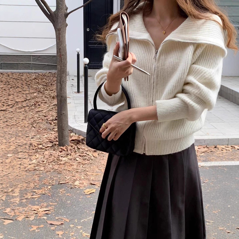 跨境欧美双拉链海军领毛衣女2025秋冬宽松慵懒风针织开衫外套上衣|undefined
