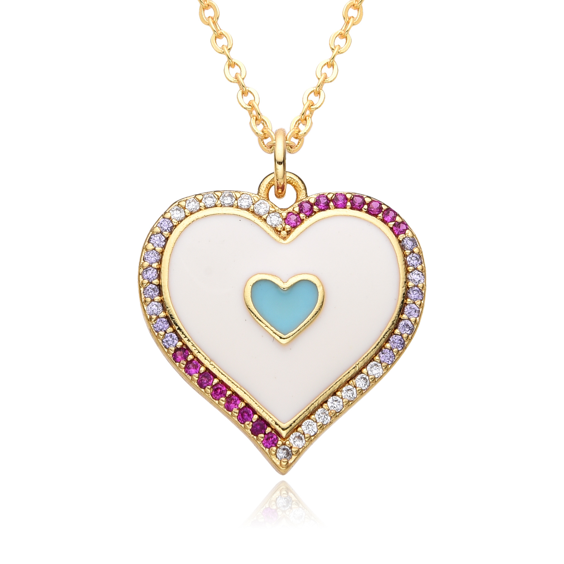 Copper Chain Material Copper Inlay Heart Shape Zircon Pendant Necklace