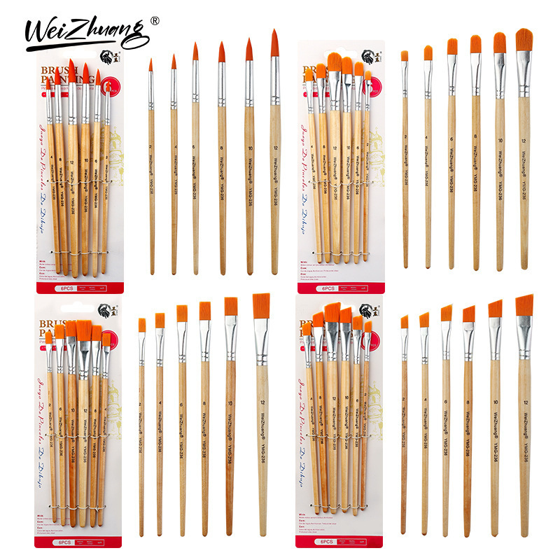 Wholesale Foreign Trade Cross-Border Nylon Hair Paint Brushes with Pointed and Round Tips, 6-Piece Set for Art Students, Suitable for Gouache and Watercolor Painting
