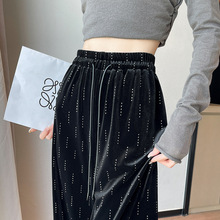 烫钻丝绒阔腿裤女秋季2025新款黑色显瘦直筒裤高腰设计感休闲裤子