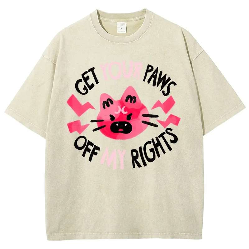 230g European Size Pure Cotton Women's Retro Feminist Style Cat Slogan Print T-Shirt with a Unique Attitude, Loose Fit, Short Sleeves