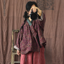 青莲/原创仿香云纱印花亚麻女式棉衣 复古棉麻外套系带夹棉短棉袄