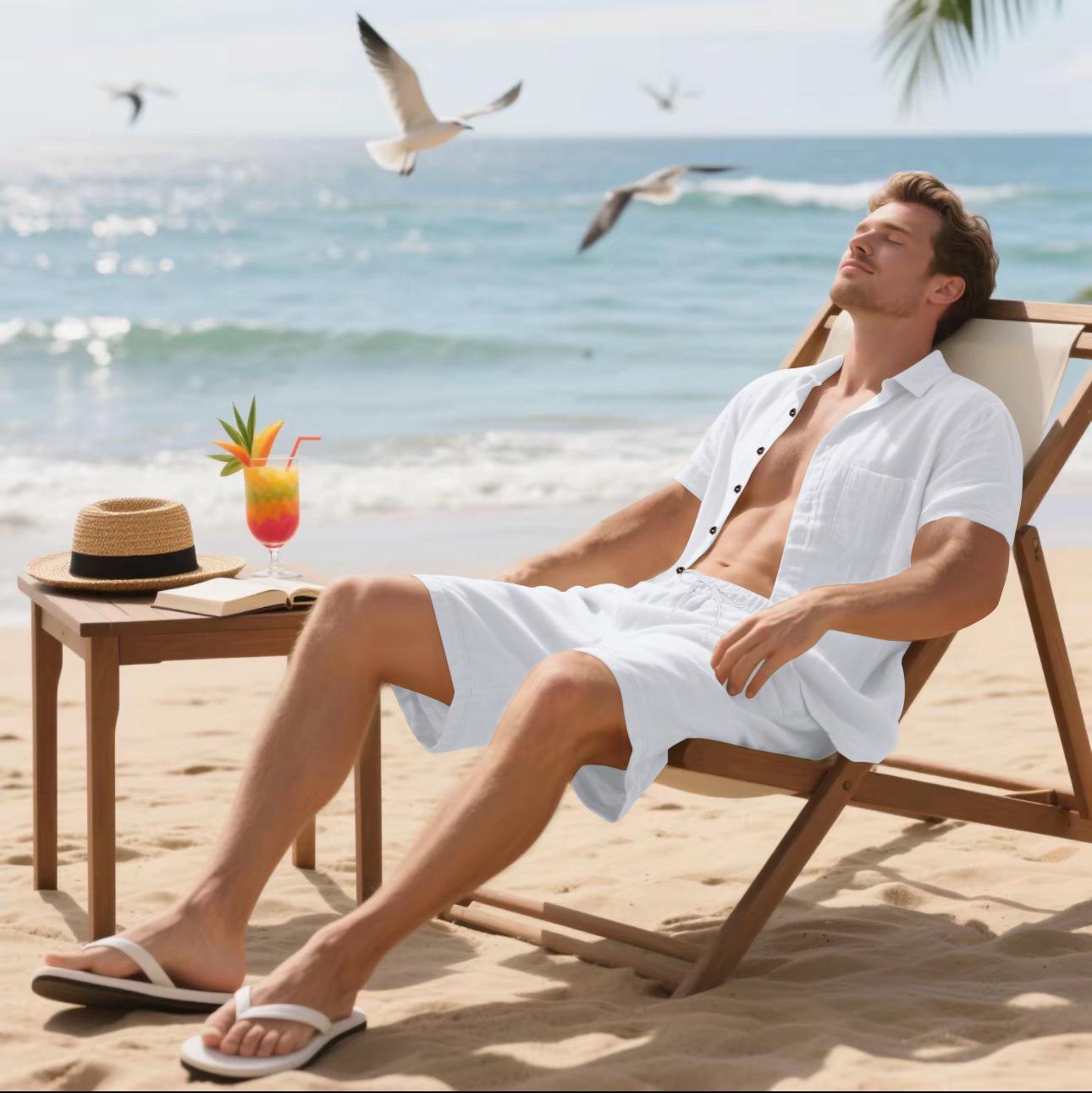 Herren Leinenhemd Mit Shorts Set Sommer Freizeit Strandoutfit_voghion.com