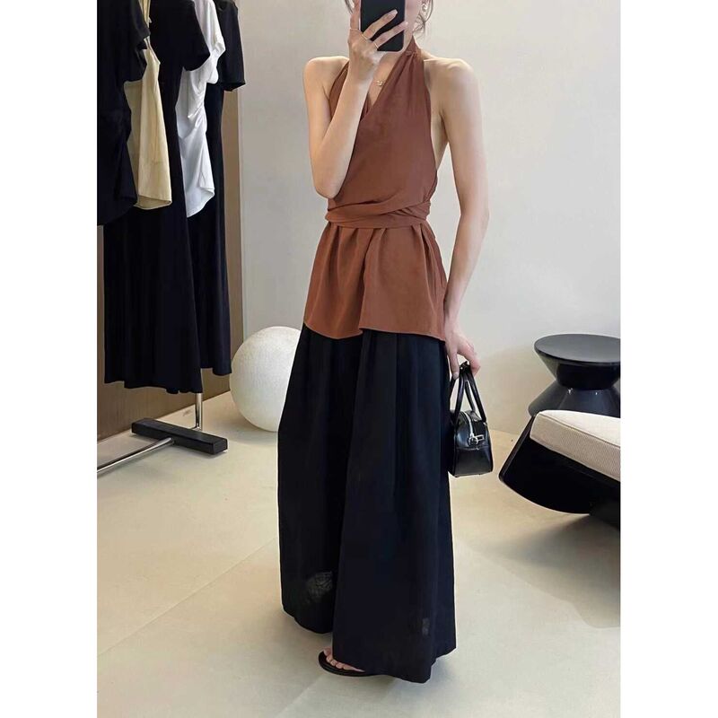 Elegant French-Style V-Neck 2026 Sleeveless Shirt for Women, Summer Halter Neck Tie Bow Top, DIY Tie-Up Tank Top