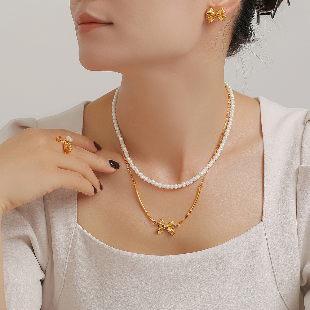 Hot Selling Bow Necklace Earrings Vintage Sweet Princess Stacked Bead Collarbone Chain Set_voghion.com