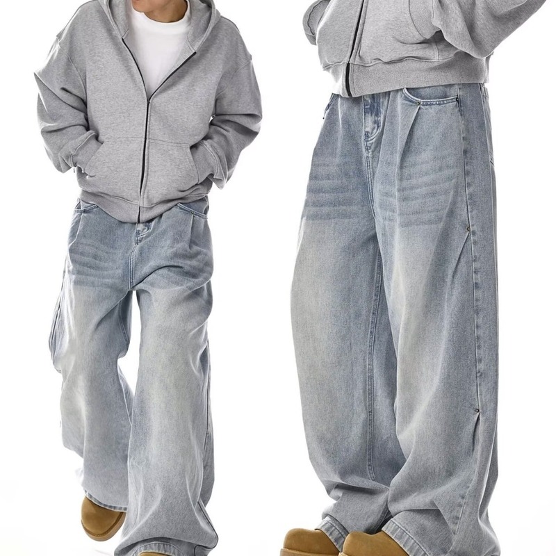 Washed Blue Jeans Men's American Retro Pleated Design Trendy Loose Straight Couple Casual Pants Washed Blue Jeans Men's American Retro Pleated Design Trendy Loose Straight Couple Casual Pants