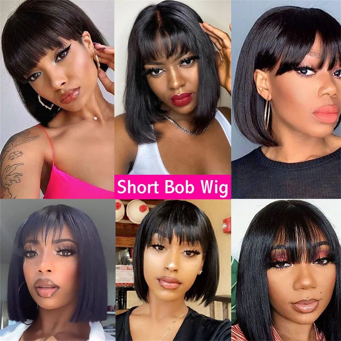 Amazon Cross-border venta caliente peluca mujer cabello corto moda realista natural negro Qi Liu Hai Bobo cabeza cubierta de fibra química image 4