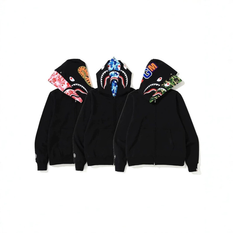 Cross-border foreign trade wholesale camouflage double-hooded shark hoodie for men and teenagers, zip-up printed jacket for men and women Cross-border foreign trade wholesale camouflage double-hooded shark hoodie for men and teenagers, zip-up printed jacket for men and women