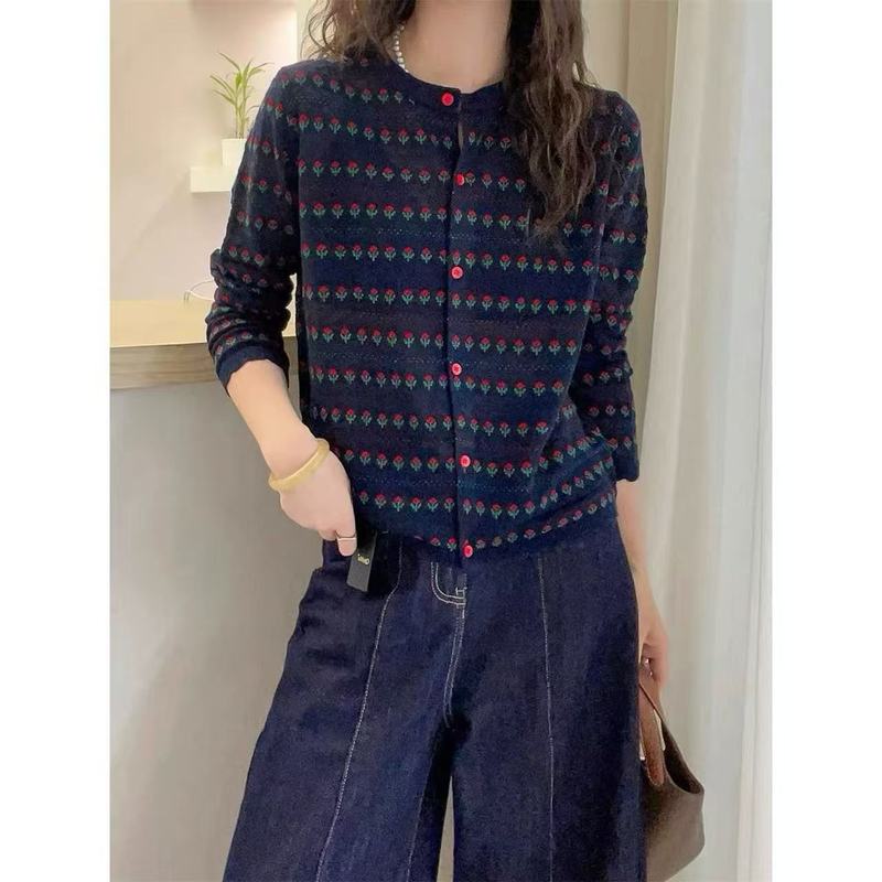 韩系圆领提花针织开衫女2025新款早秋季穿搭宽松外套百搭长袖上衣|undefined