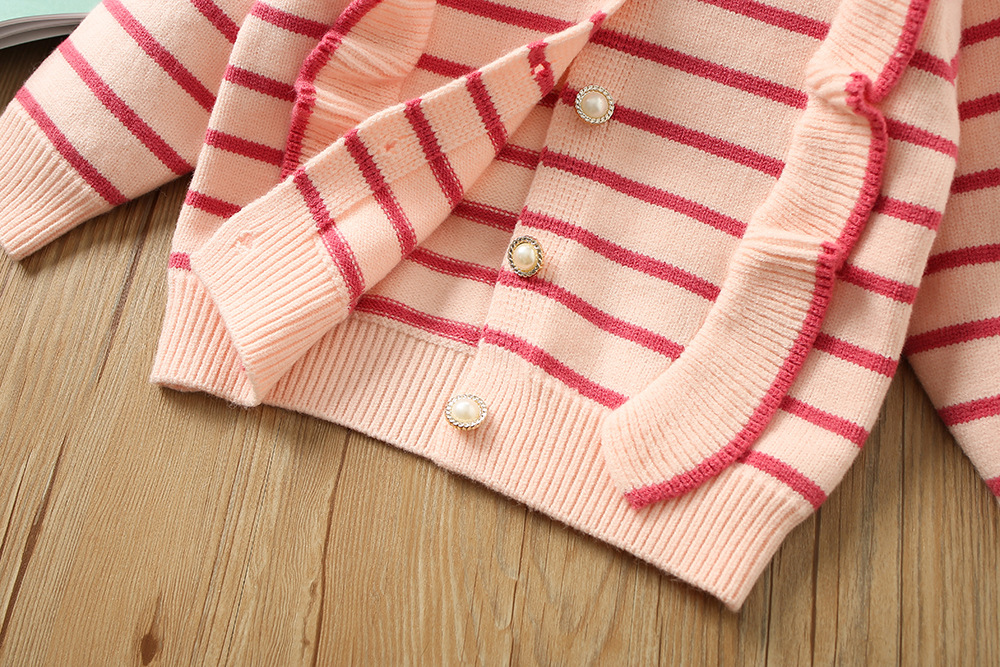 Girls' Sweater S 2023 Winter New Korean Edition Western Style Girl Stripe Wooden Ear Edge Children's Pants Two Piece_voghion.com