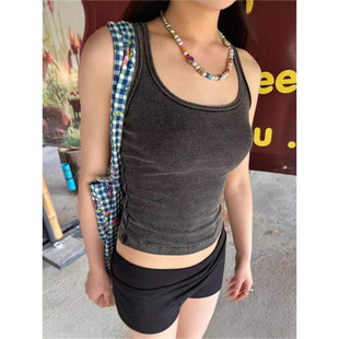 2024 cross-border 2024 Europe and the United States sand wash old I-shaped small vest hot girl style women's clothing new elastic strap waist