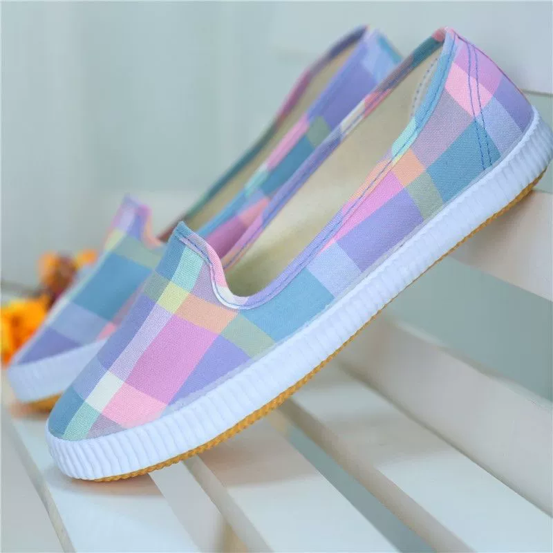 Женская обувь Плед квадратный рот плоские туфли Slip-On труда обувь Рабочая мать женщин холст дышащий Старый Пекин