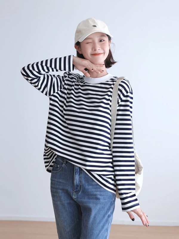 纯棉软糯条纹长袖女T恤半高中领宽松显瘦休闲外穿经典海魂打底杉|undefined