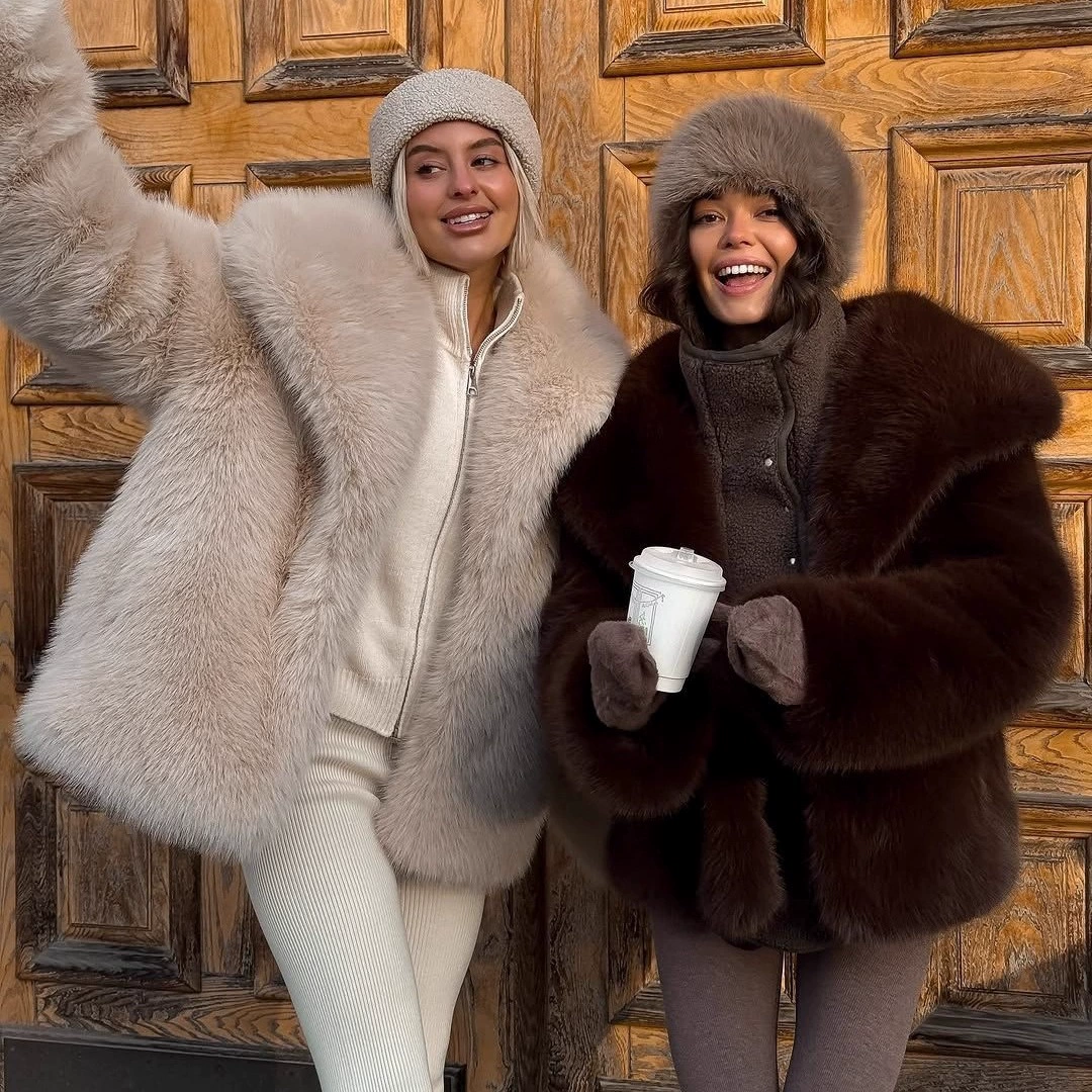 跨境欧美风秋冬海军领仿皮草外套女夹棉毛绒仿狐狸毛大衣宽松棉衣