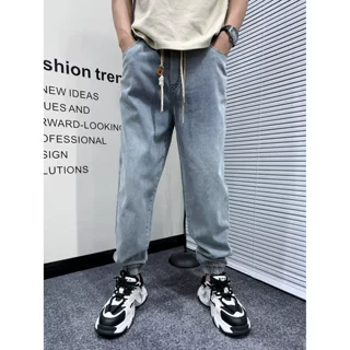 新款束脚牛仔裤男秋季潮牌宽松休闲哈伦裤港风复古松紧腰裤子男装