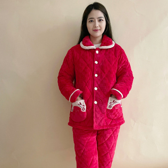 パジャマ女性冬のサンゴのベルベットの三層の厚いベルベット保温綿フランネル春秋冬の家庭服
