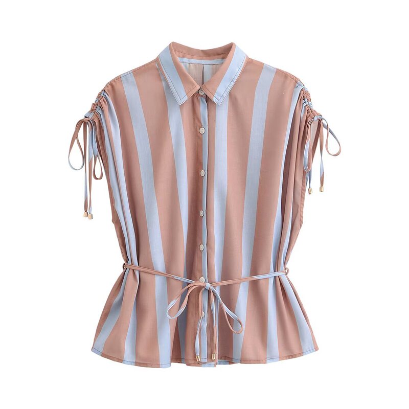 Pb&Za Wholesale New Women's Clothing with a Turn-Down Collar, Sleeveless, Shoulder Ruching, Bow Tie, Striped Shirt 8372132