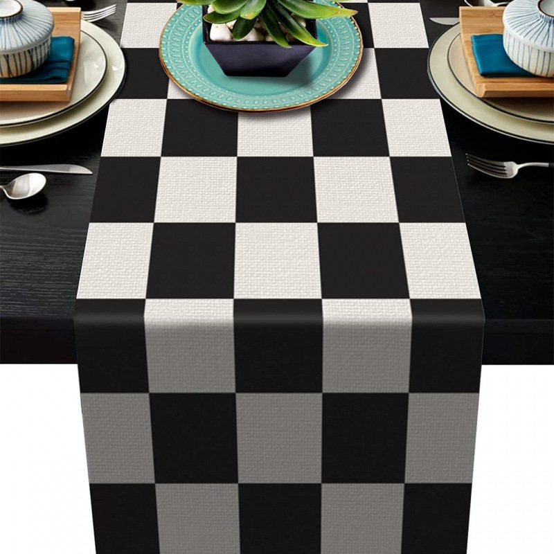 Bandera de mesa de rayas geométricas de lino de Amazon moderna y simple mantel a cuadros en blanco y negro almohadilla de mesa para el hogar image 4