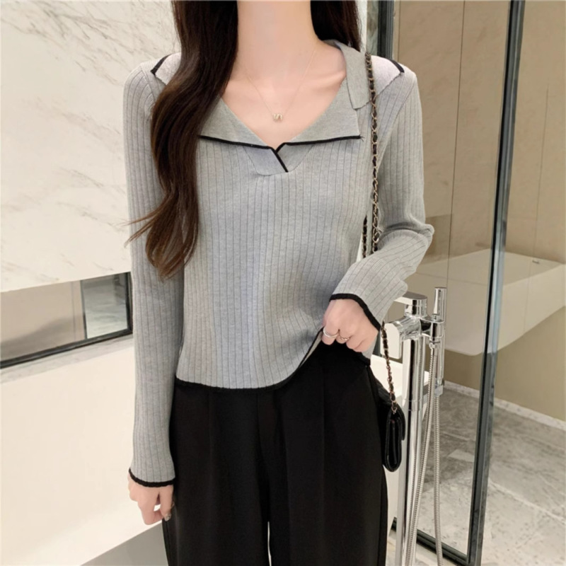 Polo襟のニットの底のシャツの女性2025春の新型の長袖のtシャツのセーターの春の服の上着の春秋の金|undefined