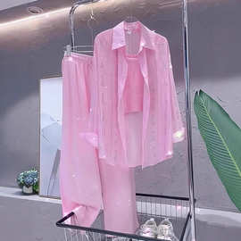 韩女流行粉色系春装一整套洋气背心高级细闪开衫宽松衬衫三件套潮