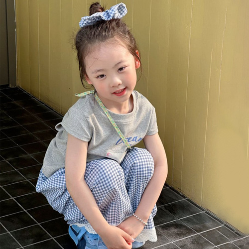 Girls' summer 2025 new bow cat printed short-sleeved versatile loose wide-leg casual pants two-piece set