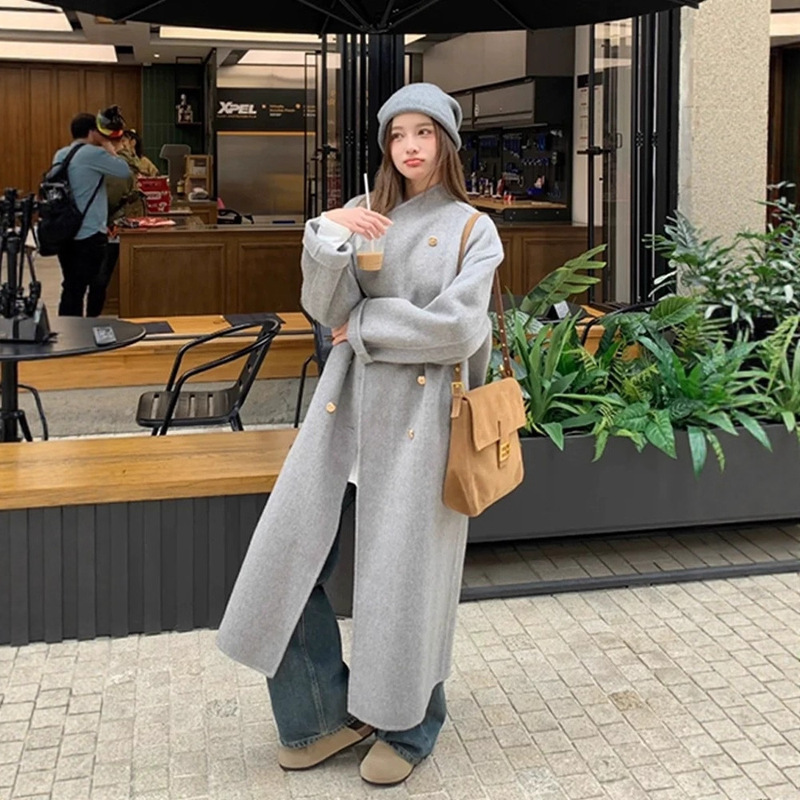 Han You's Designer Double-Breasted Long Wool Coat for Women, High-End, Elegant, Light Luxury, Socialite Woolen Coat