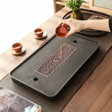 轻奢家用仿乌金瓷石茶盘茶具小型茶台储水排水式干泡台乌金石