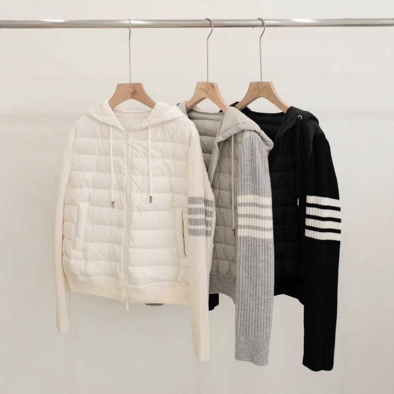 2025 Winter New College Style Four-Bar Striped Patchwork Sleeve Zipper Hooded down Jacket Versatile Thick Coat