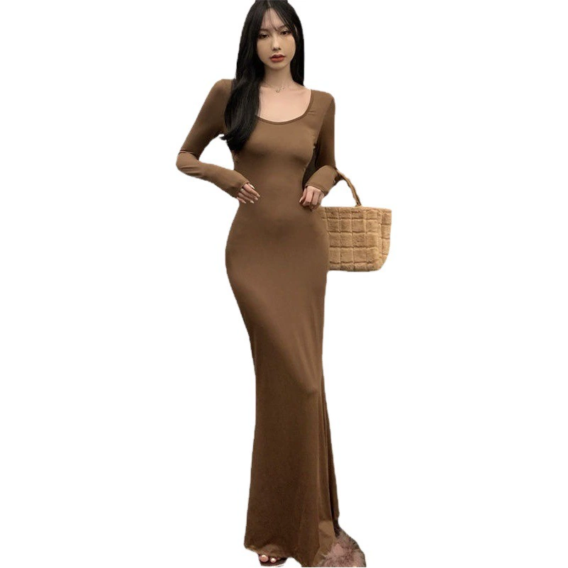 Новое осеннее сексуальное элегантное платье с длинным рукавом 2024 года, женское, кофейного цвета, длинная юбка-миди, облегающая, рыбий хвост, однотонная юбка